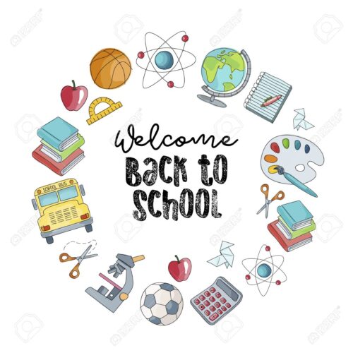 Welcome back to school vector illustration. Colorful sketch of school supplies isolated on a white background.